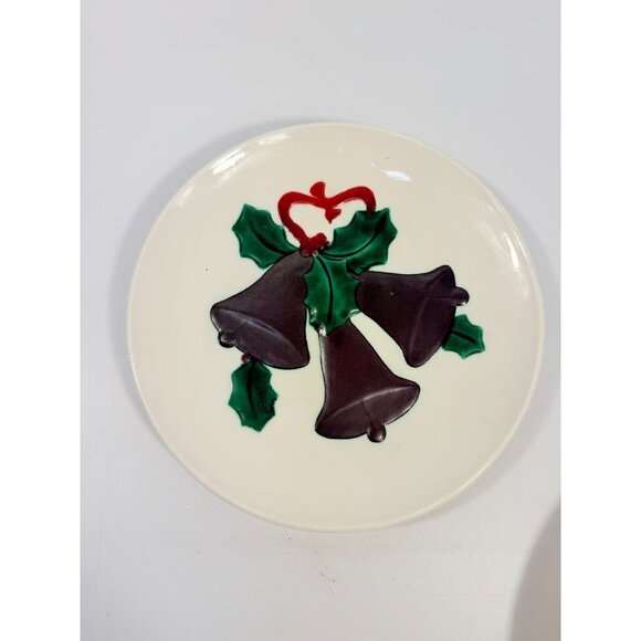 Ceramic Dinner Plates Vintage Handmade Hand-painted 3D Christmas Bells Holly Mal - Picture 9 of 11